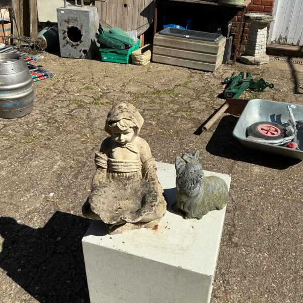 Vintage garden bird bath featuring a sculpted girl figurine.