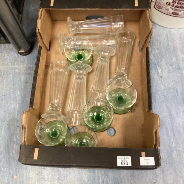 Set of six vintage green glass dessert bowls.