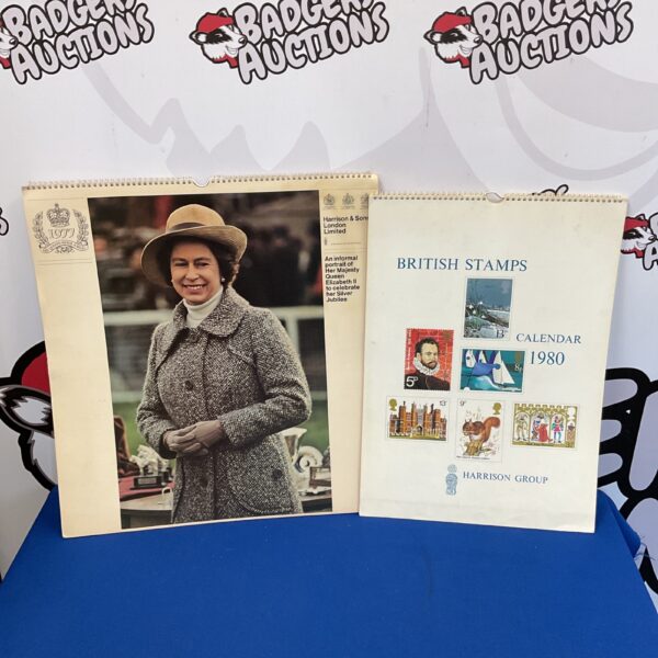 Vintage Harrison & Sons calendars from 1977 and 1980, collectible British ephemera.