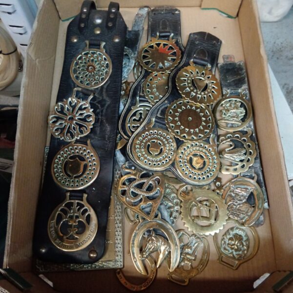 Vintage collection of brass horse brasses for equestrian decor.