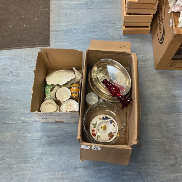 Vintage household lot with silver platter and patterned dishes.