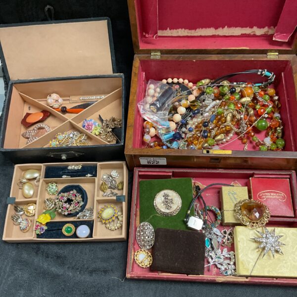 Vintage jewellery boxes filled with colourful costume jewellery.