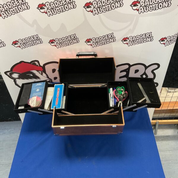 Vintage wooden jewellery making box with contents for crafting.