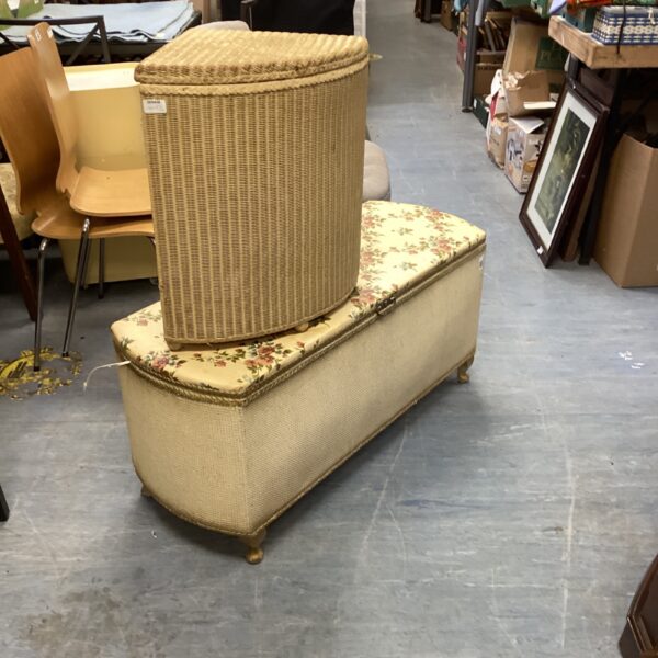 Vintage Lloyd Loom wash bin and ottoman set in cream.