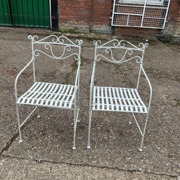 Pair of vintage metal garden chairs in a garden setting.