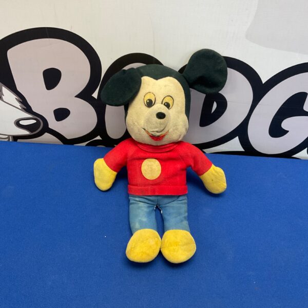 Vintage Disney Mickey Mouse plush toy, cheerful expression.