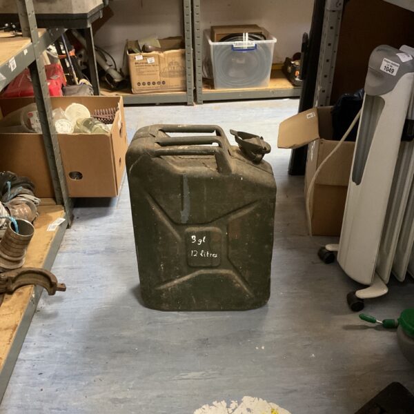 Vintage military jerry can, metal fuel container for collectors.