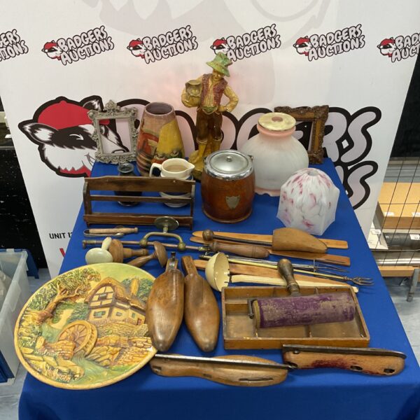 Vintage mixed lot including shoe stretchers and an oak ice bucket.
