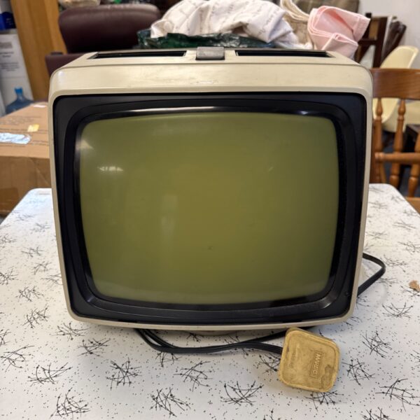 Front view of a vintage monitor with a green screen.
