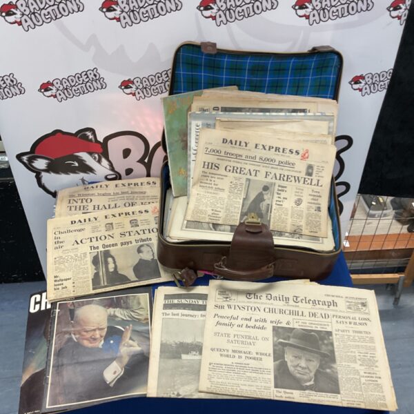 Vintage newspaper collection featuring Churchill death coverage.