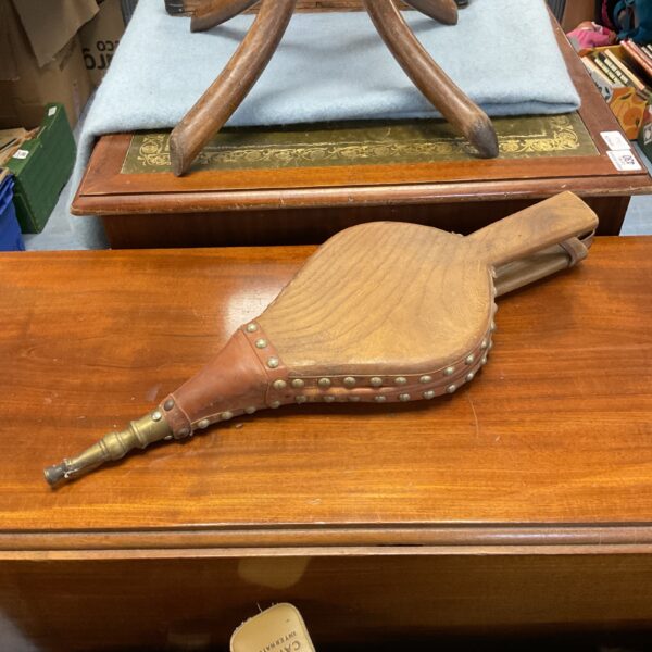 Vintage oak and brass fireplace bellows for hearth and home.