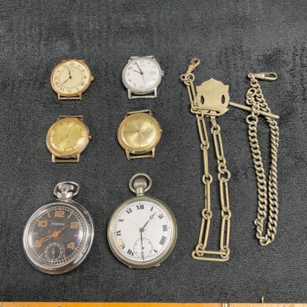 Vintage pocket and wrist watches lot with Albert chains.