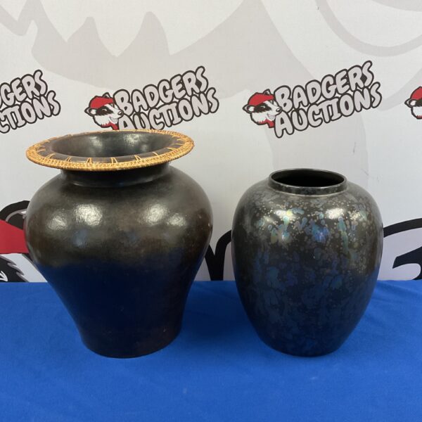 Vintage pottery vases, Poole pottery and terracotta with rattan trim.