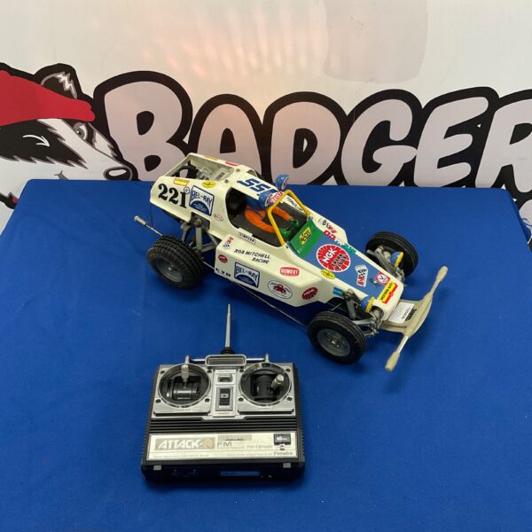 Vintage RC car with Futaba Attack R remote control.