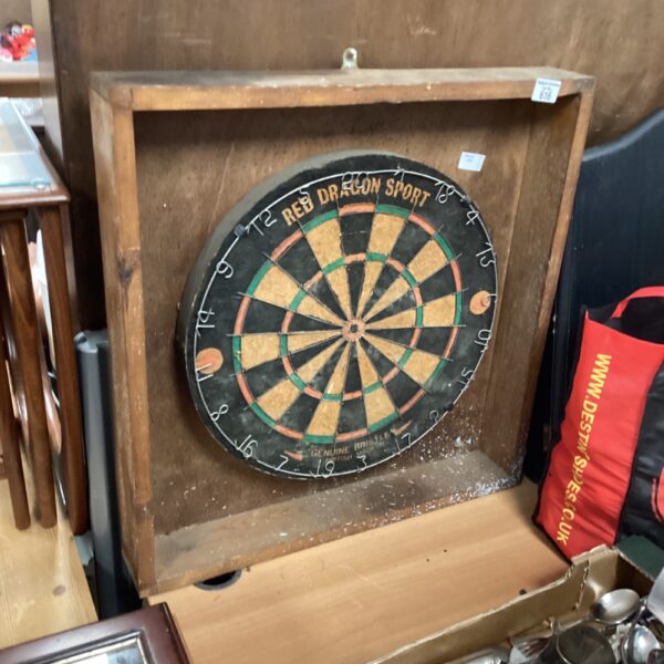 Vintage Red Dragon Sport dartboard in wooden case.
