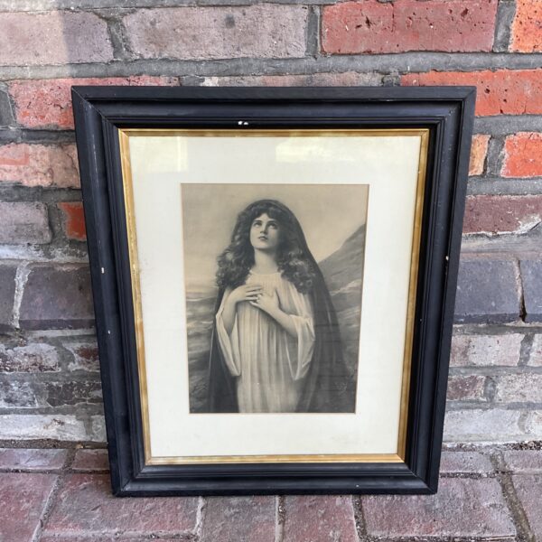 Vintage framed religious print of the Virgin Mary for wall decor.