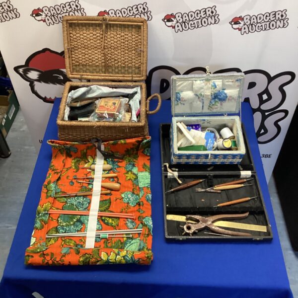 Vintage sewing lot with woven boxes and colourful thread.
