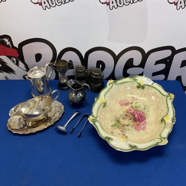 Vintage silver plate gravy boat, porcelain bowl, and binoculars lot.