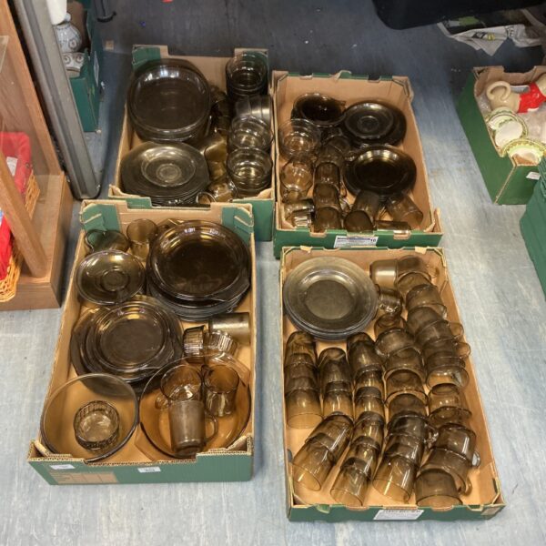 Large lot of vintage smoked glass serving dishes and bowls.