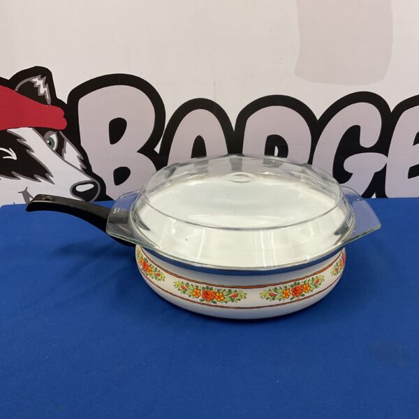 Vintage Sovirel enamelled cooking pan with glass lid.