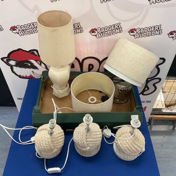 Vintage table lamp lot with rope bases and lampshades.
