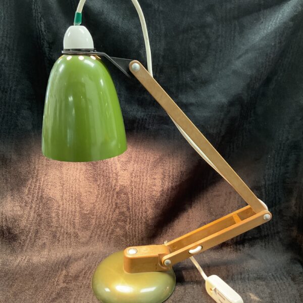 Vintage Terence Conran desk lamp with green shade and wooden arm.