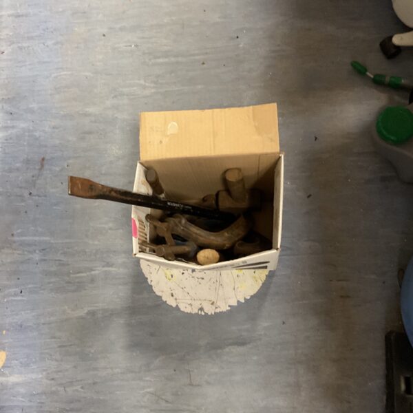 Vintage tool lot including C-clamps and a Roughneck crowbar in a cardboard box.