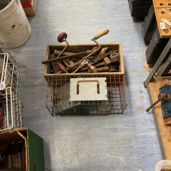 Vintage tool lot inside an industrial metal cage, antique pattern makers tools.