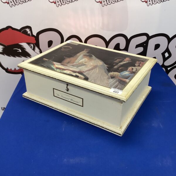 Vintage wedding keepsake box with romantic painted scene.