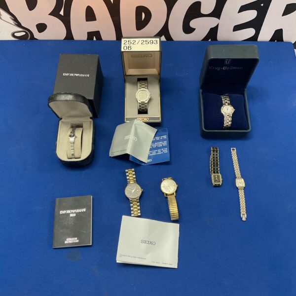 Vintage wristwatches lot including Emporio Armani, Seiko and Krug-Baumen.
