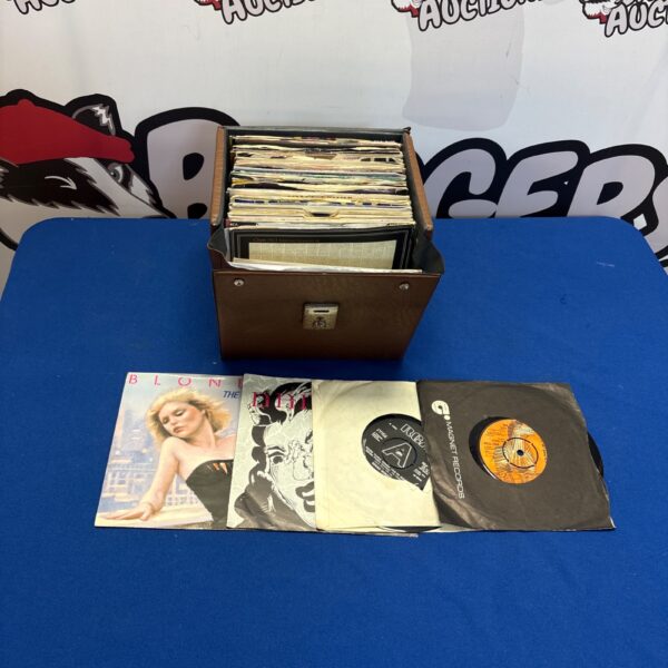 Diverse vinyl record collection including punk, reggae, and Blonde.