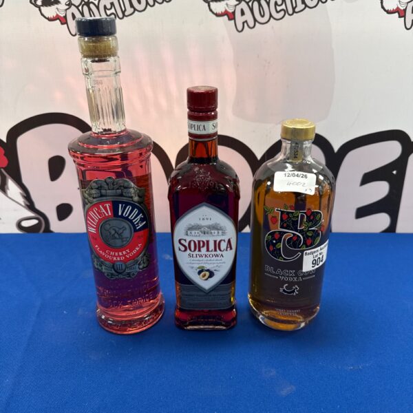 Vodka collection featuring Wildcat Cherry, Soplica, and Black Cow bottles.