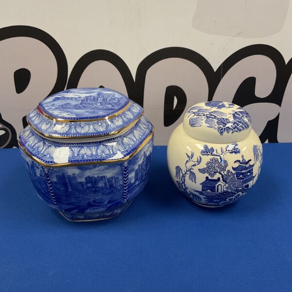 Vintage blue and white Wade Ringtons ginger jar with landscape design.