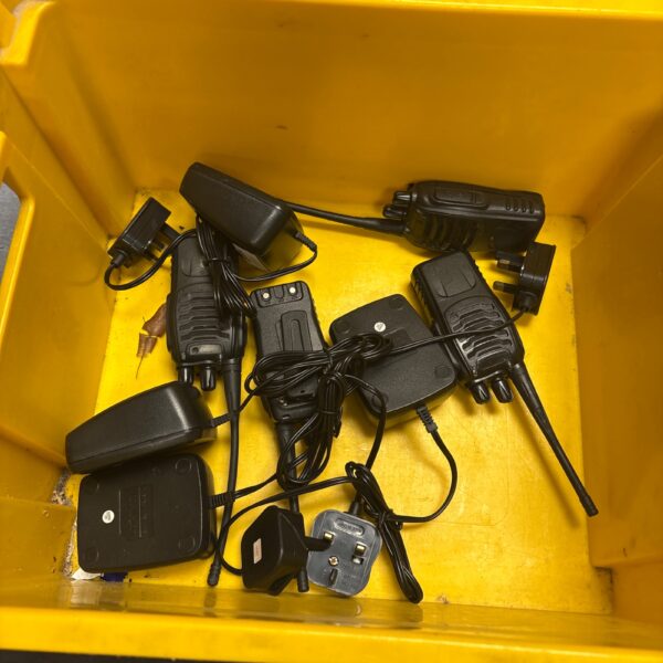 Black walkie talkies set of four with chargers, untested condition.