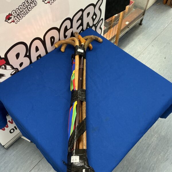 Vintage lot of walking sticks and umbrellas for collectors.