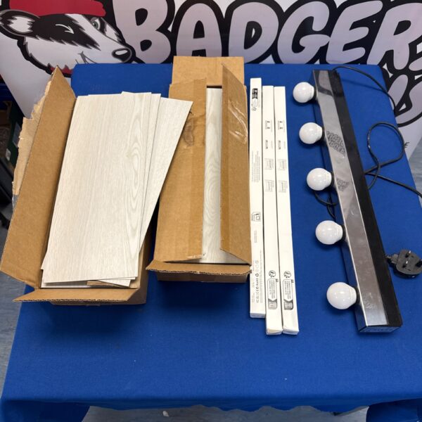 Bundle of wall laminate panels, Ikea light and strip lights.