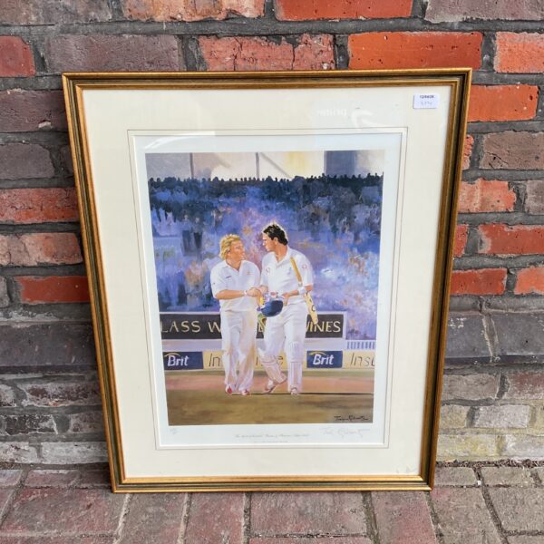 Signed limited edition print of Shane Warne and Darren Petersen cricket match.