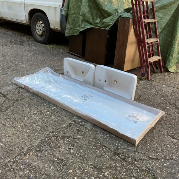 Vintage wash basin set with bath panel, ready for restoration.