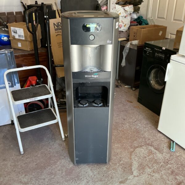 Silver water cooler with a mains water connection for chilled drinking water.