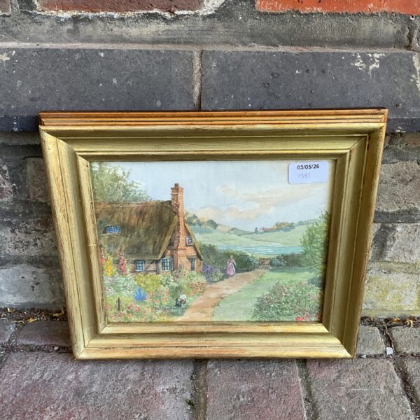 Charming 19th-century watercolour painting of a cottage garden scene.
