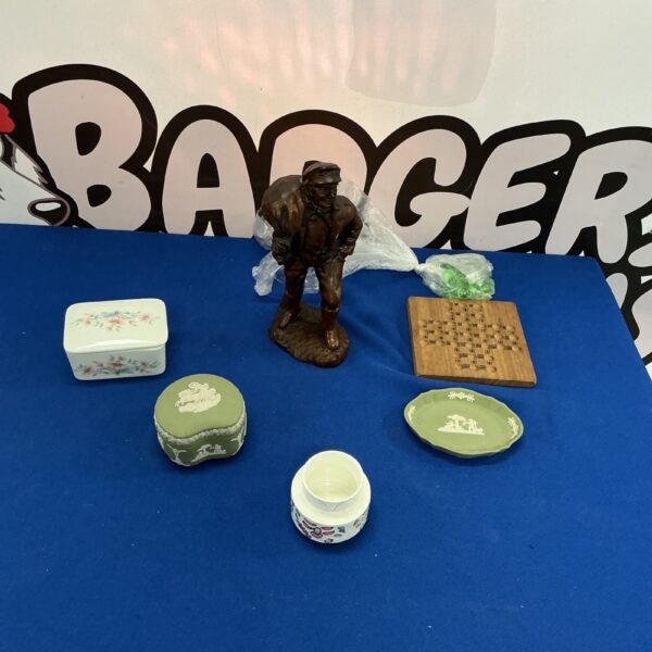 Vintage Wedgwood trinket boxes and coal man figure lot.