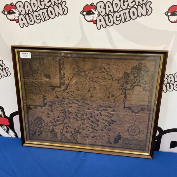Framed reproduction antique map of Westmorland county, detailed cartography.