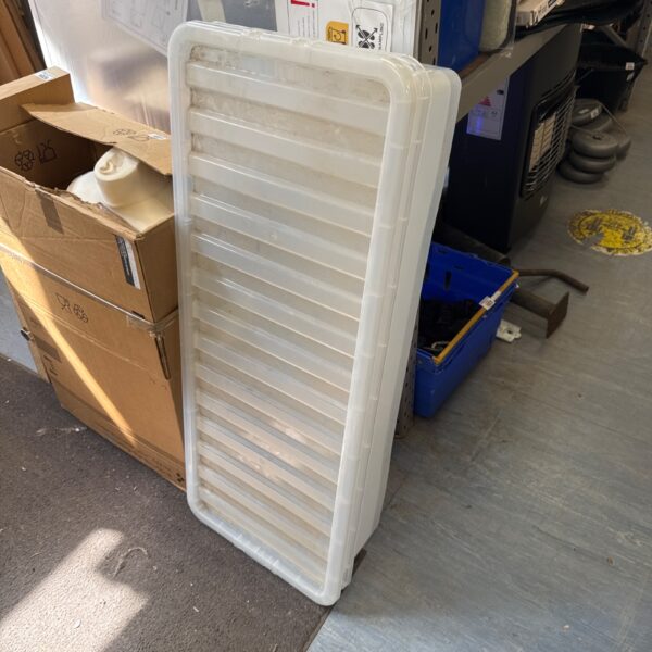 Two Wham Crystal 55l storage boxes, one with a lid, for home organisation.