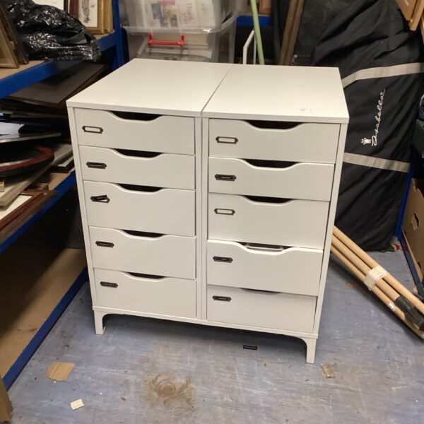 White multi-drawer unit for office or home storage.