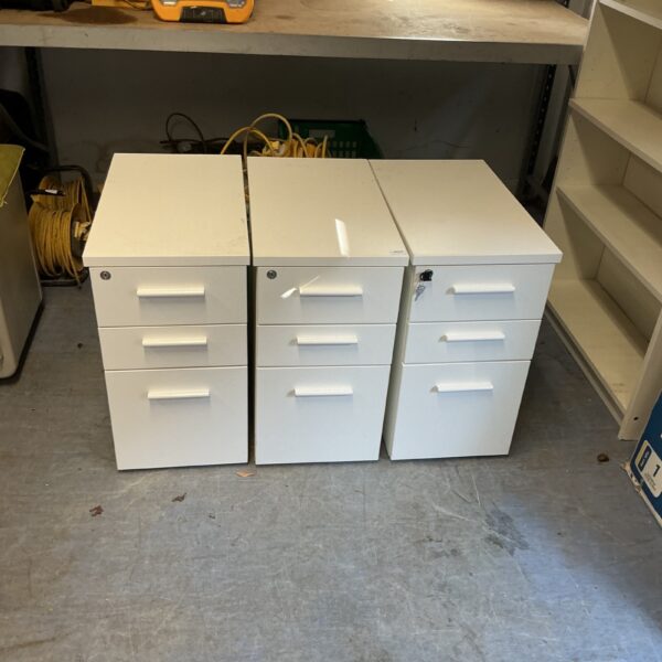 Three white under desk storage cabinets for office organisation.