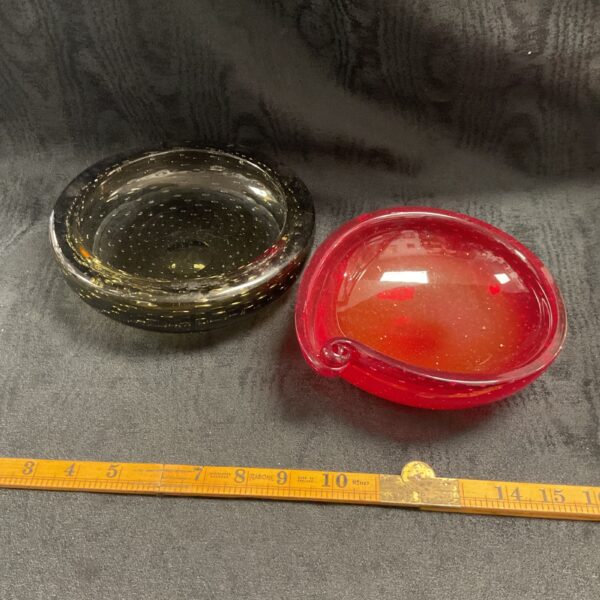 Vintage Whitefriars bubble glass dish with textured surface.