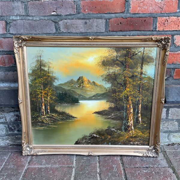 Vintage Whitman oil painting of a mountain river at dusk.