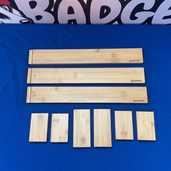 Close-up of wooden drawer dividers for kitchen organization.