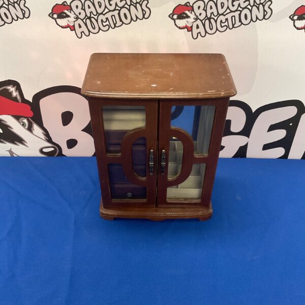 Vintage wooden jewellery cabinet with clear display window.