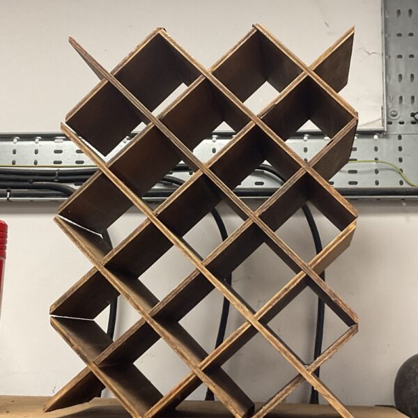 Modular wooden wine rack for wine storage and display.
